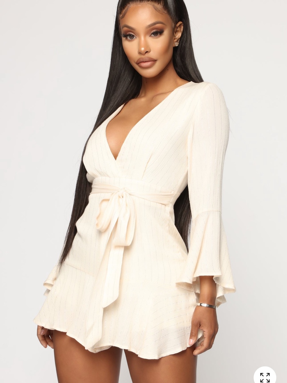 Fashion Nova Cream V-Neck Tie Waist Romper